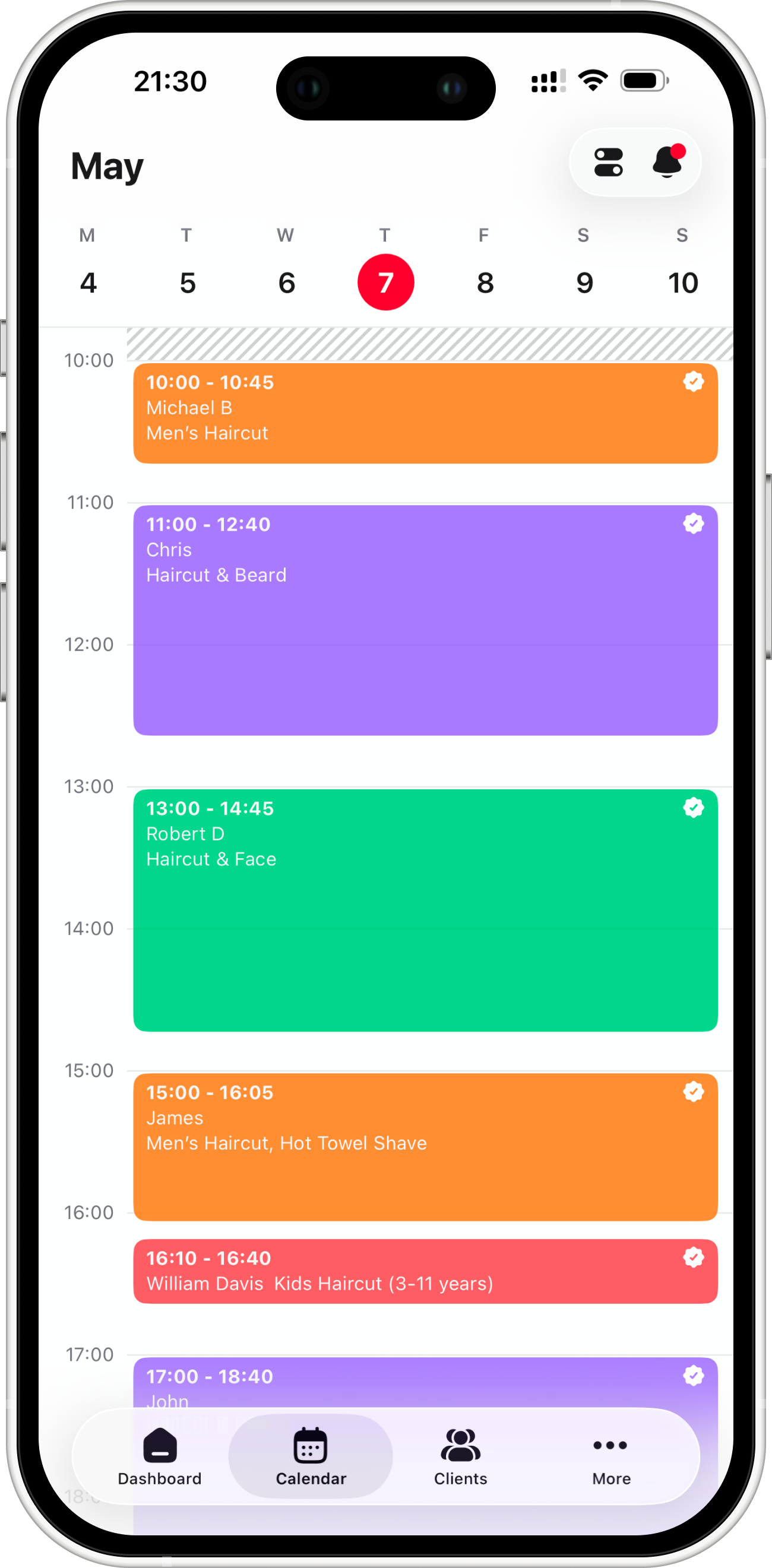 Calendar in the Ubaq mobile app
