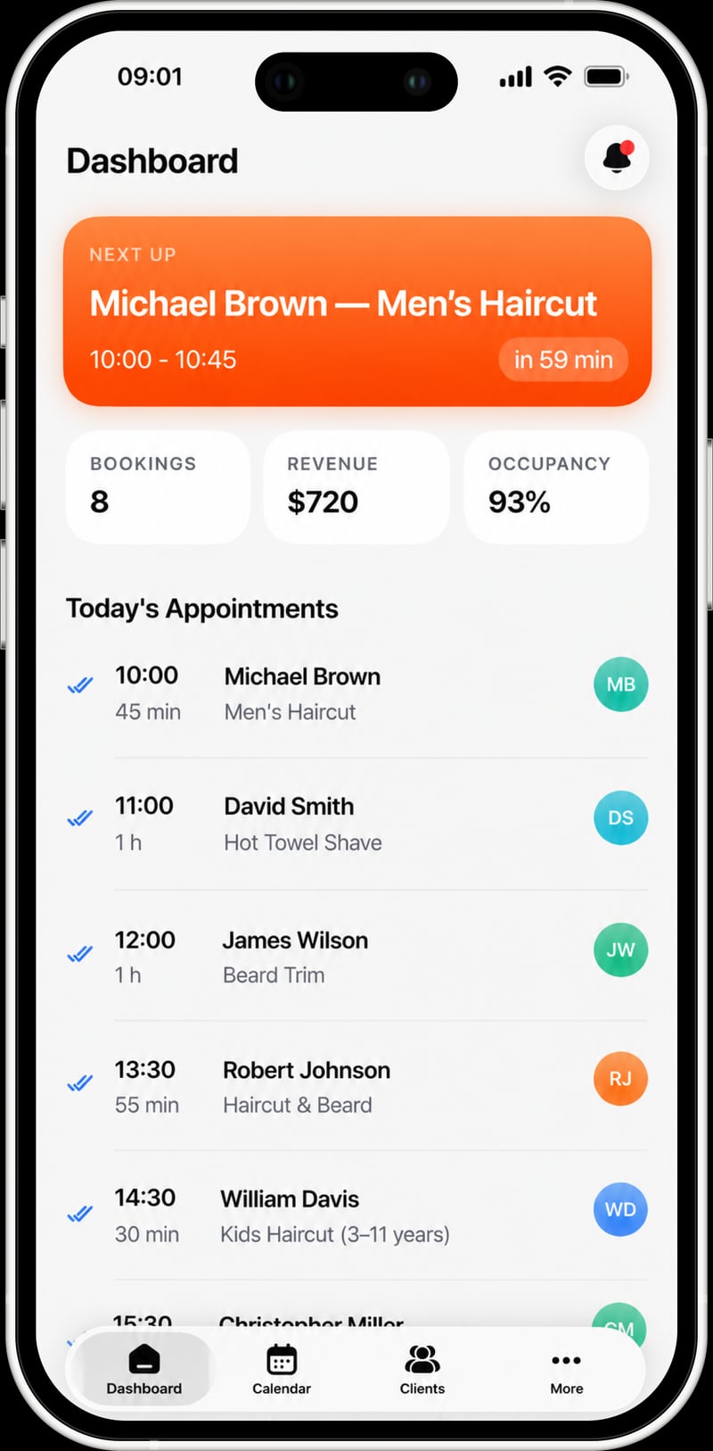 Dashboard with today’s appointments on mobile