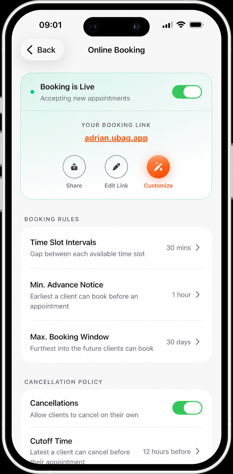 Online booking settings on mobile