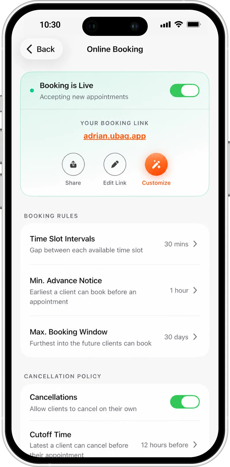 Online booking settings with the page live and the booking link