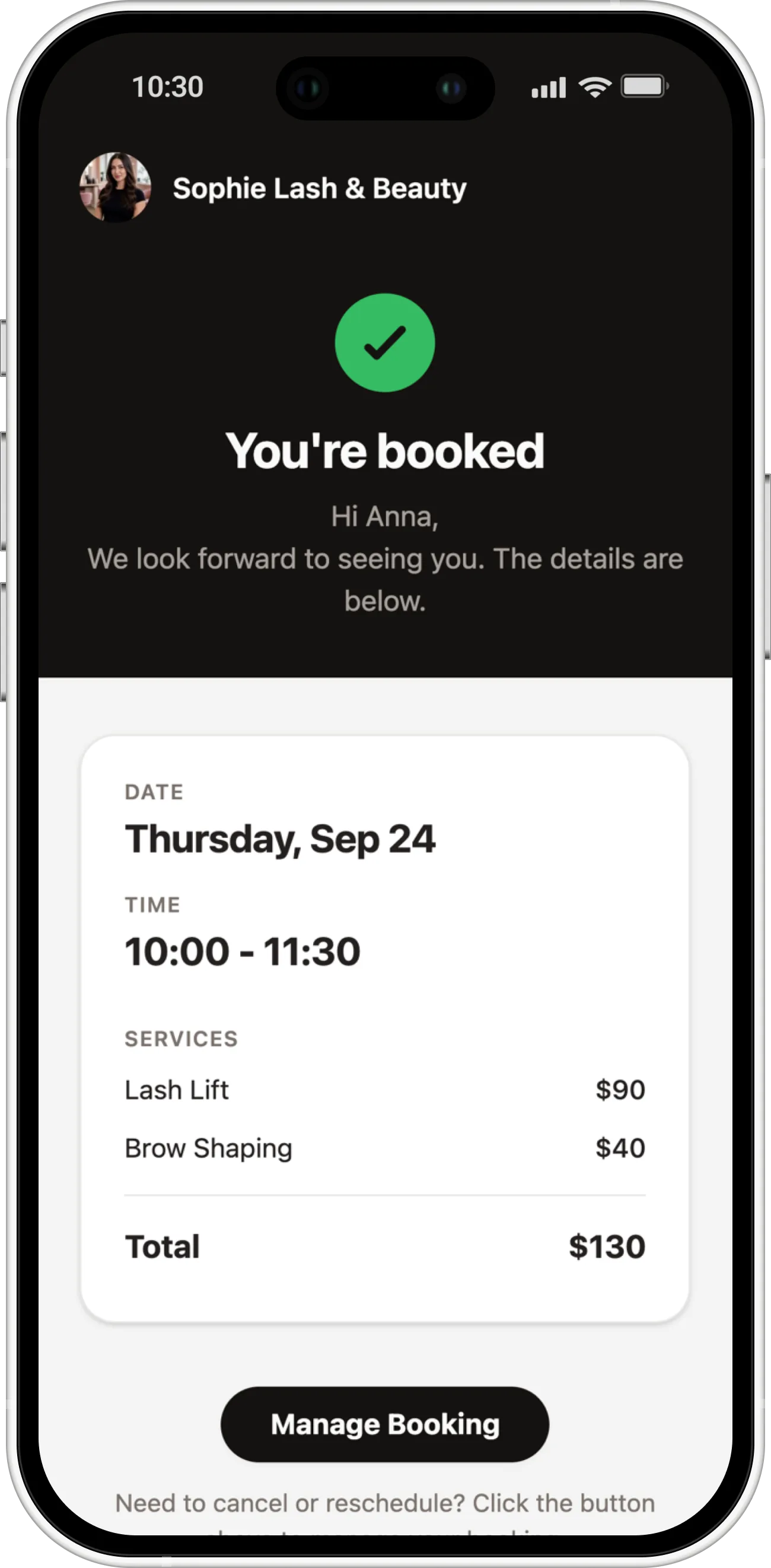 Booking confirmation email a client receives on an iPhone