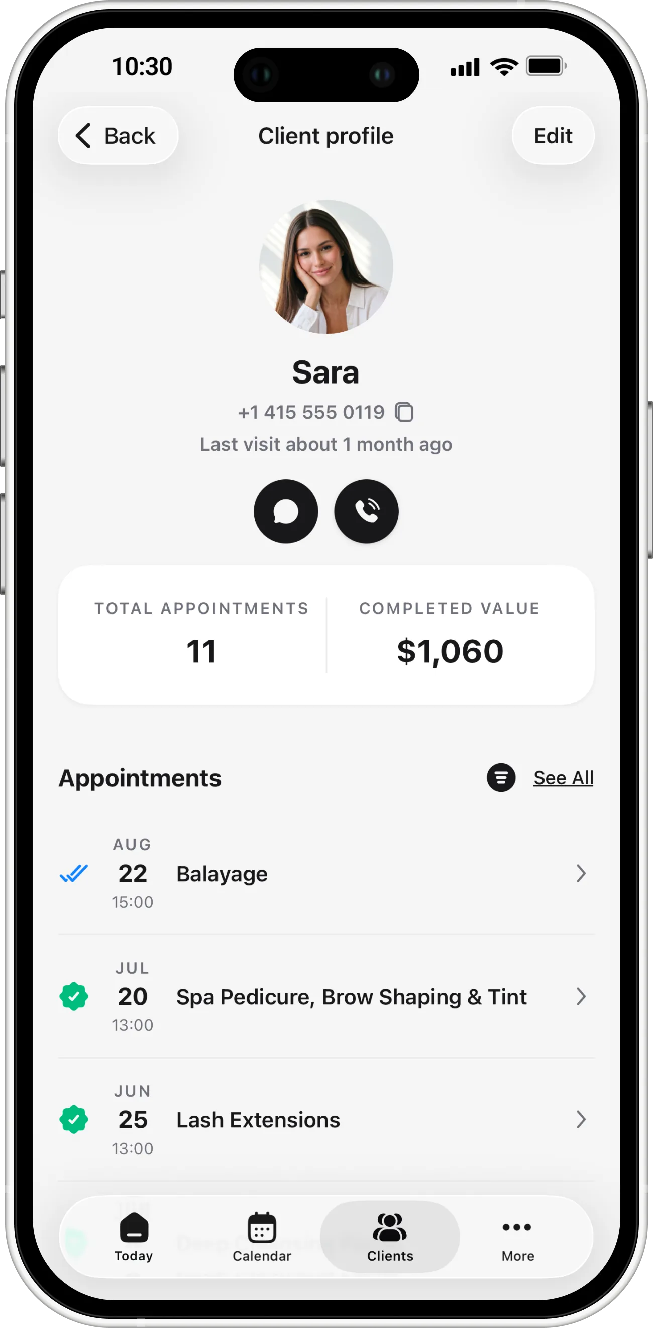 Client profile with visit history, total appointments and completed value