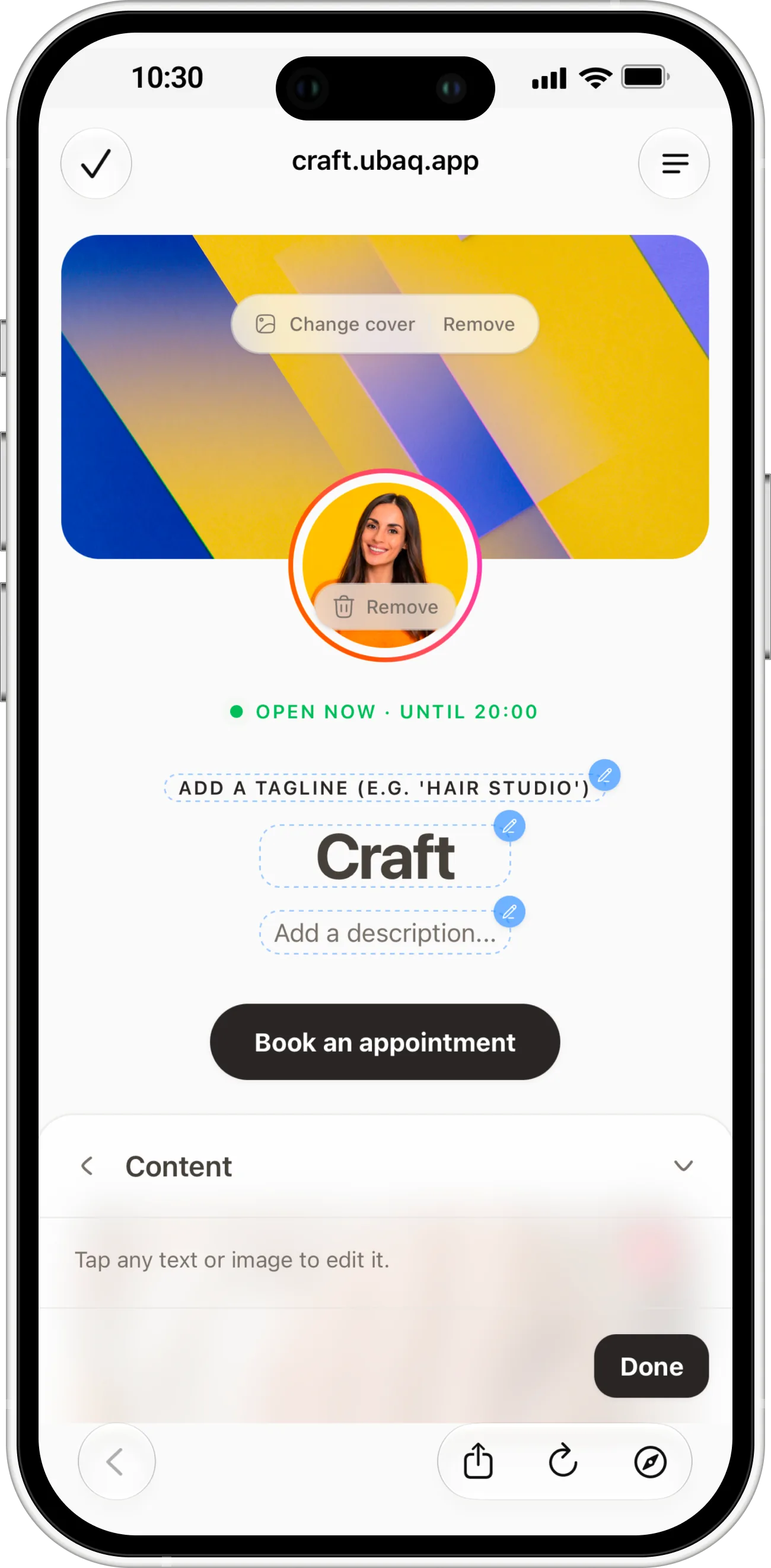 Booking page in edit mode with the cover, photo and texts editable